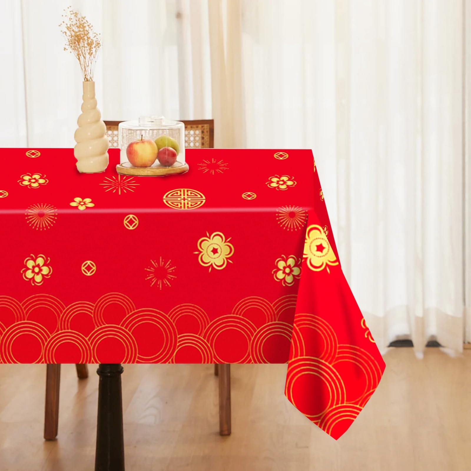 YVAINE 3-Piece Chinese New Year Tablecloth – Red & Gold Disposable Plastic Table Cover for Spring Festival 2026