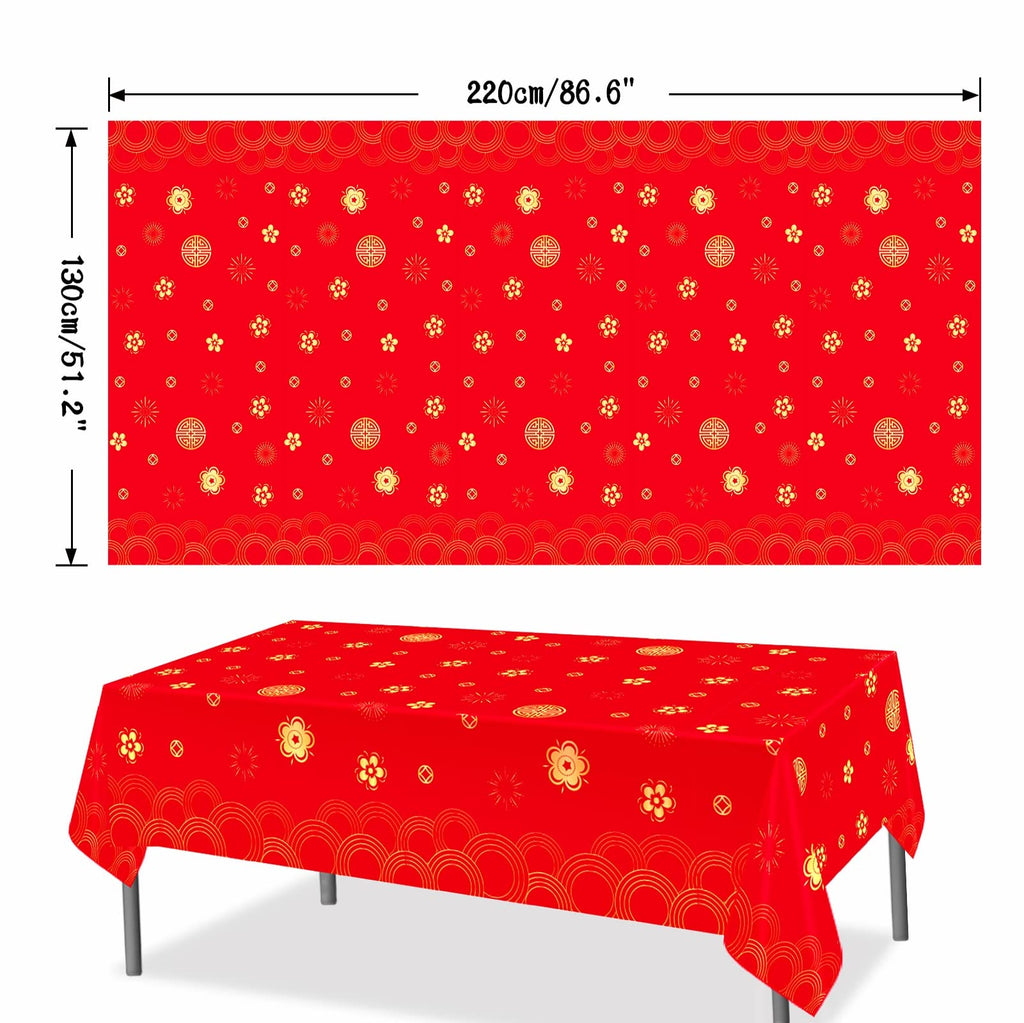 YVAINE 3-Piece Chinese New Year Tablecloth – Red & Gold Disposable Plastic Table Cover for Spring Festival 2026