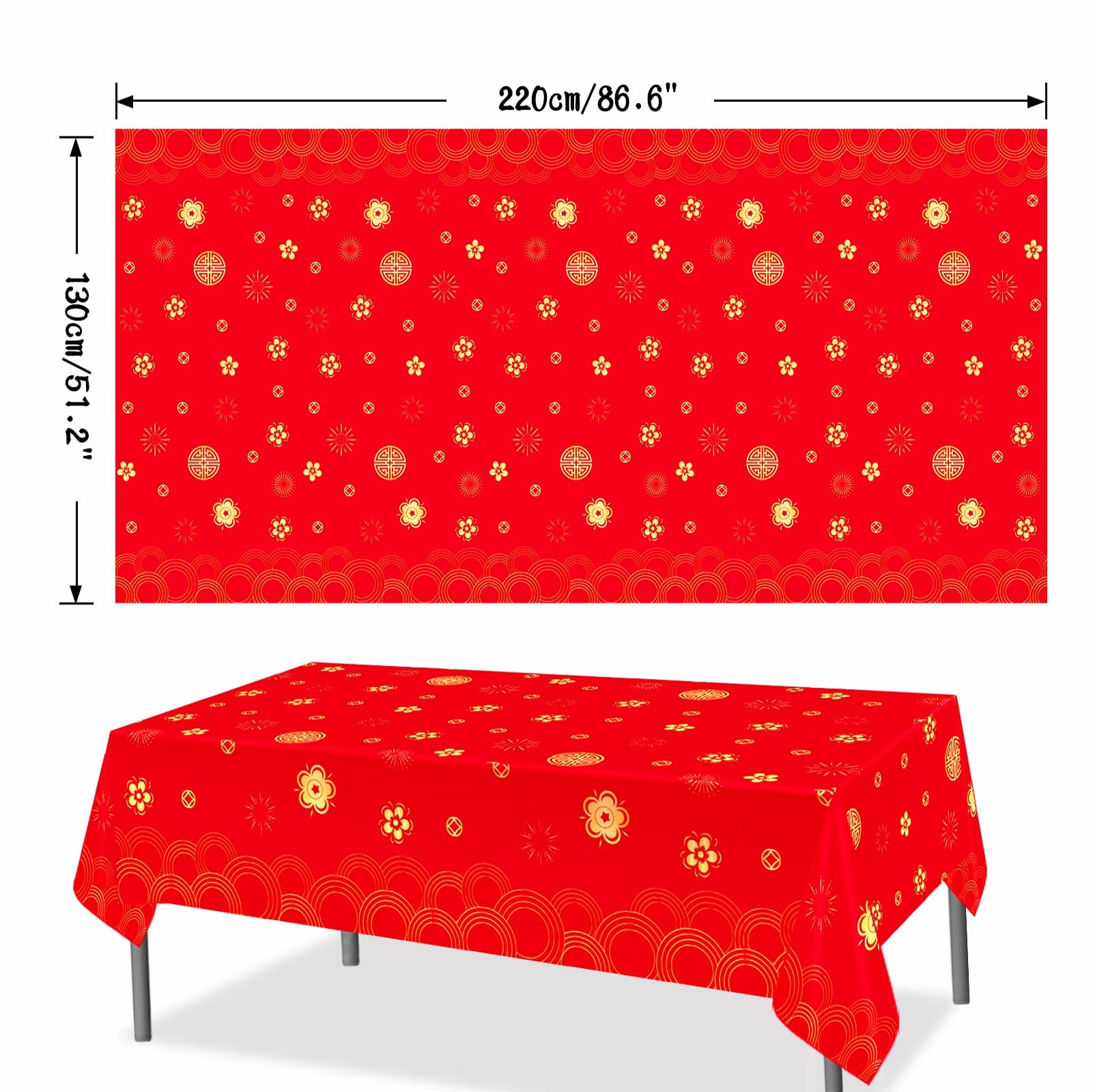 YVAINE 3-Piece Chinese New Year Tablecloth – Red & Gold Disposable Plastic Table Cover for Spring Festival 2026