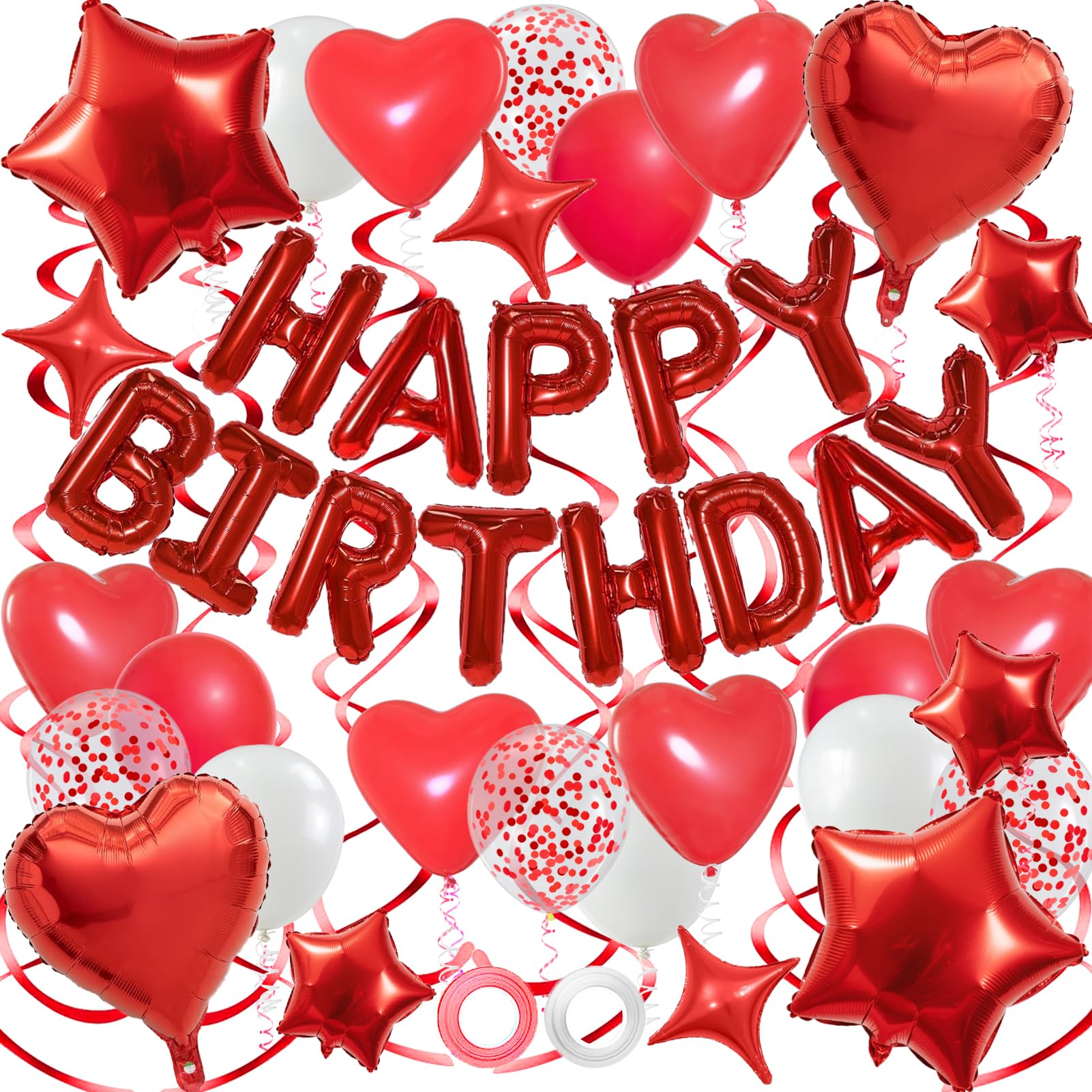YWWSNSE Red Birthday Decorations — 3D Foil Banner, Balloons & Swirls Set