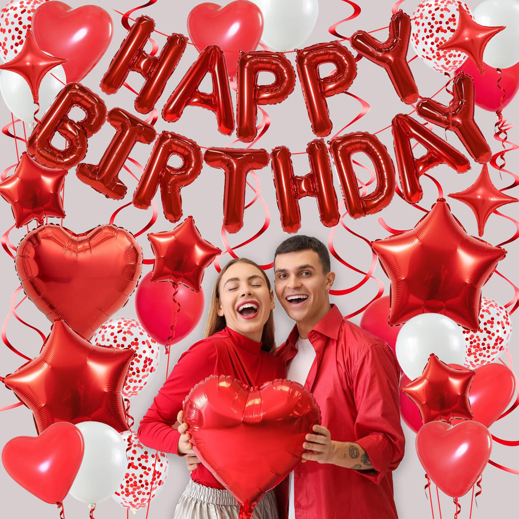 YWWSNSE Red Birthday Decorations — 3D Foil Banner, Balloons & Swirls Set