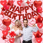 YWWSNSE Red Birthday Decorations — 3D Foil Banner, Balloons & Swirls Set