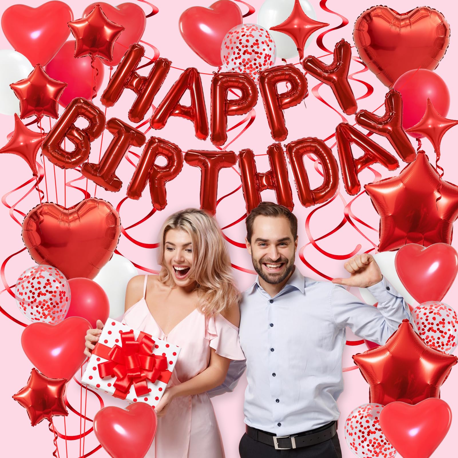 YWWSNSE Red Birthday Decorations — 3D Foil Banner, Balloons & Swirls Set