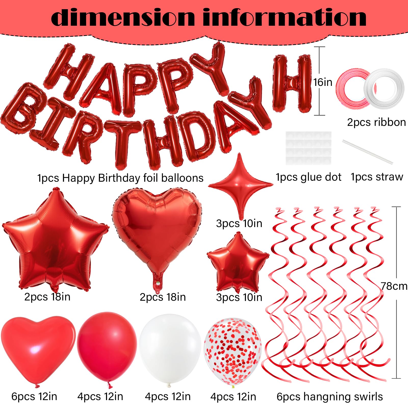 YWWSNSE Red Birthday Decorations — 3D Foil Banner, Balloons & Swirls Set