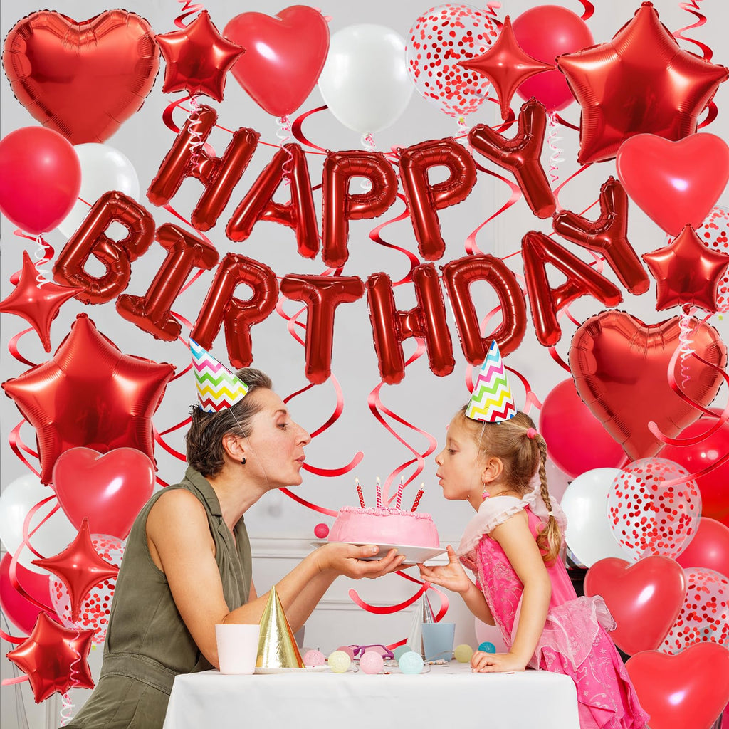 YWWSNSE Red Birthday Decorations — 3D Foil Banner, Balloons & Swirls Set