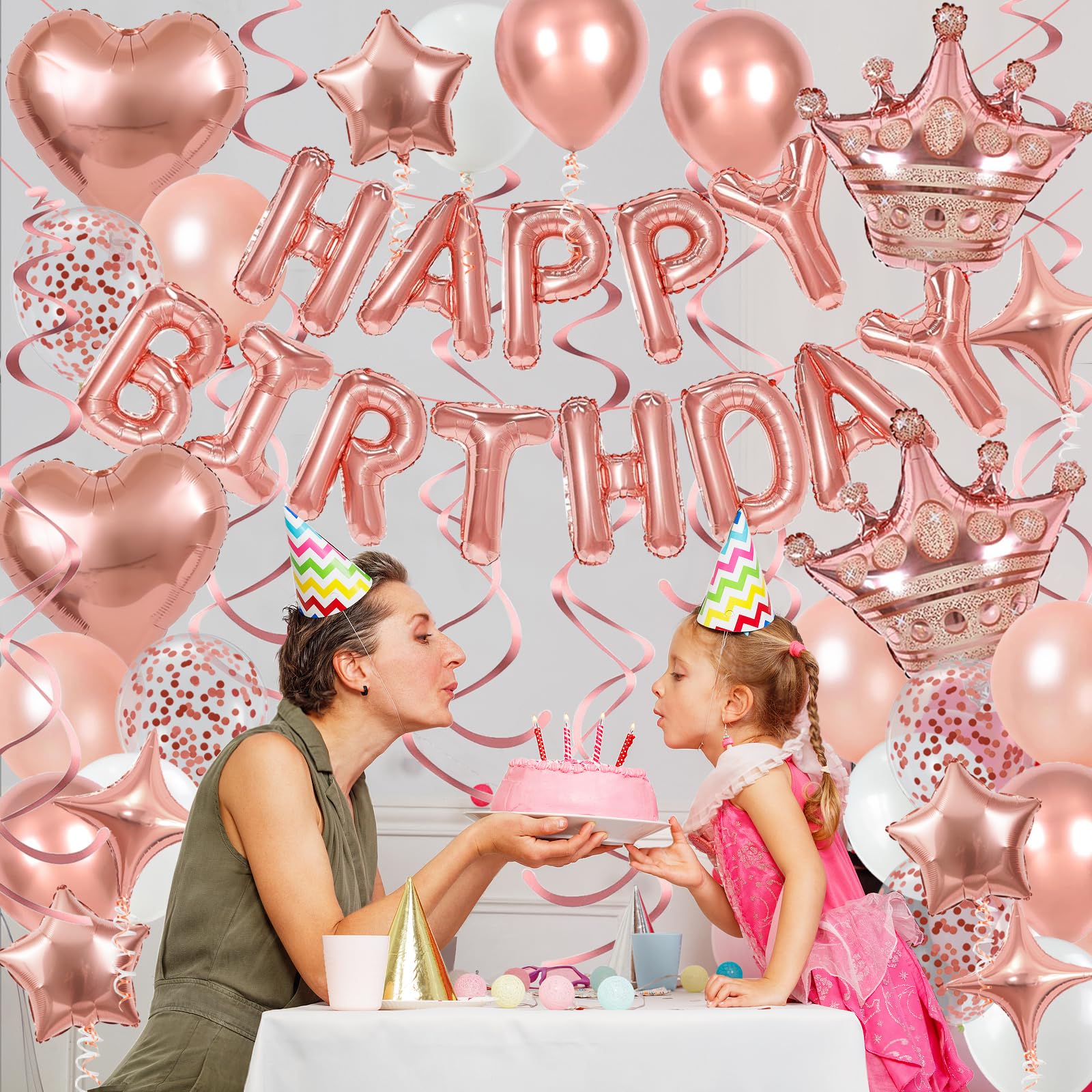 YWWSNSE Rose Gold Birthday Decorations | 3D Foil Banner, Crown & Balloons