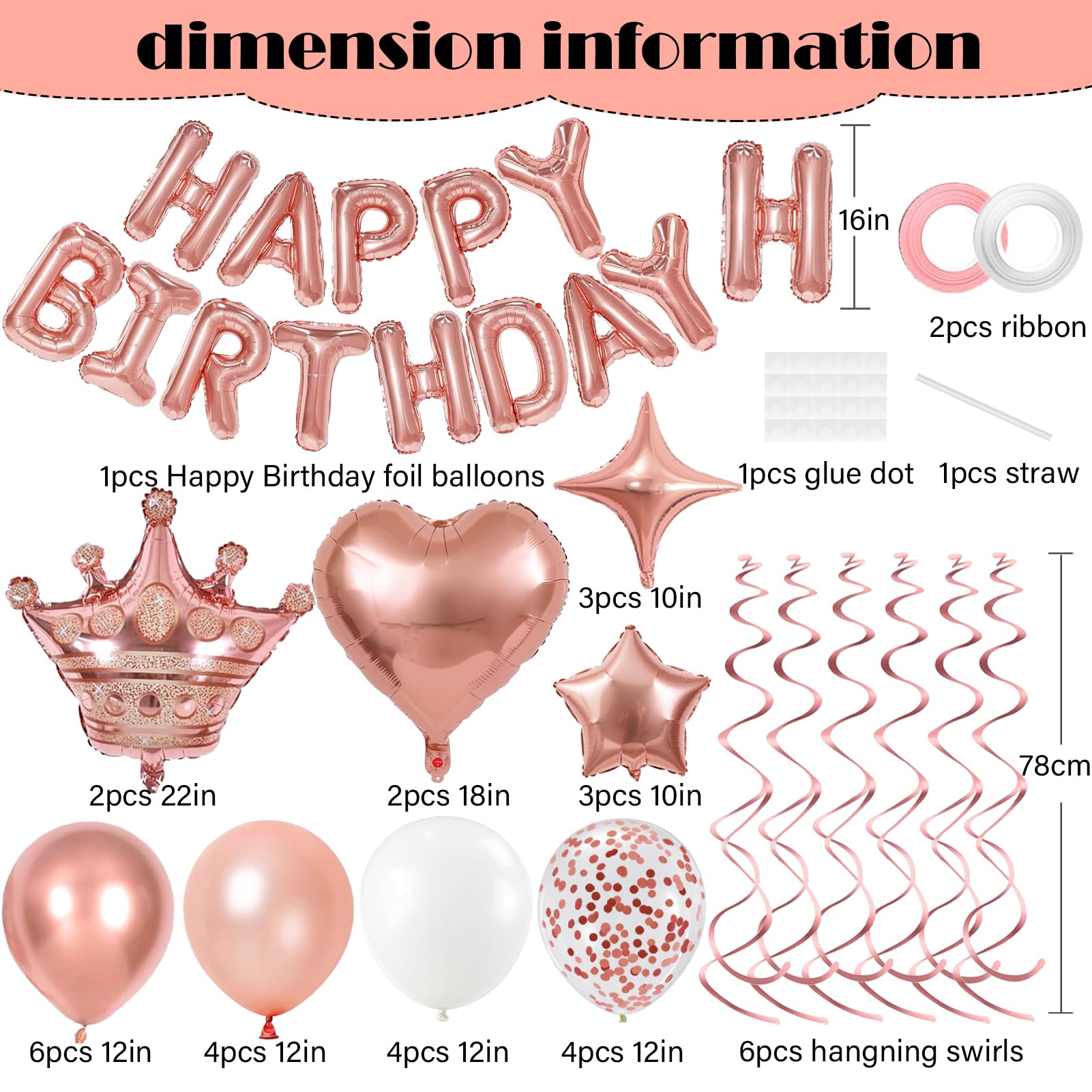 YWWSNSE Rose Gold Birthday Decorations | 3D Foil Banner, Crown & Balloons