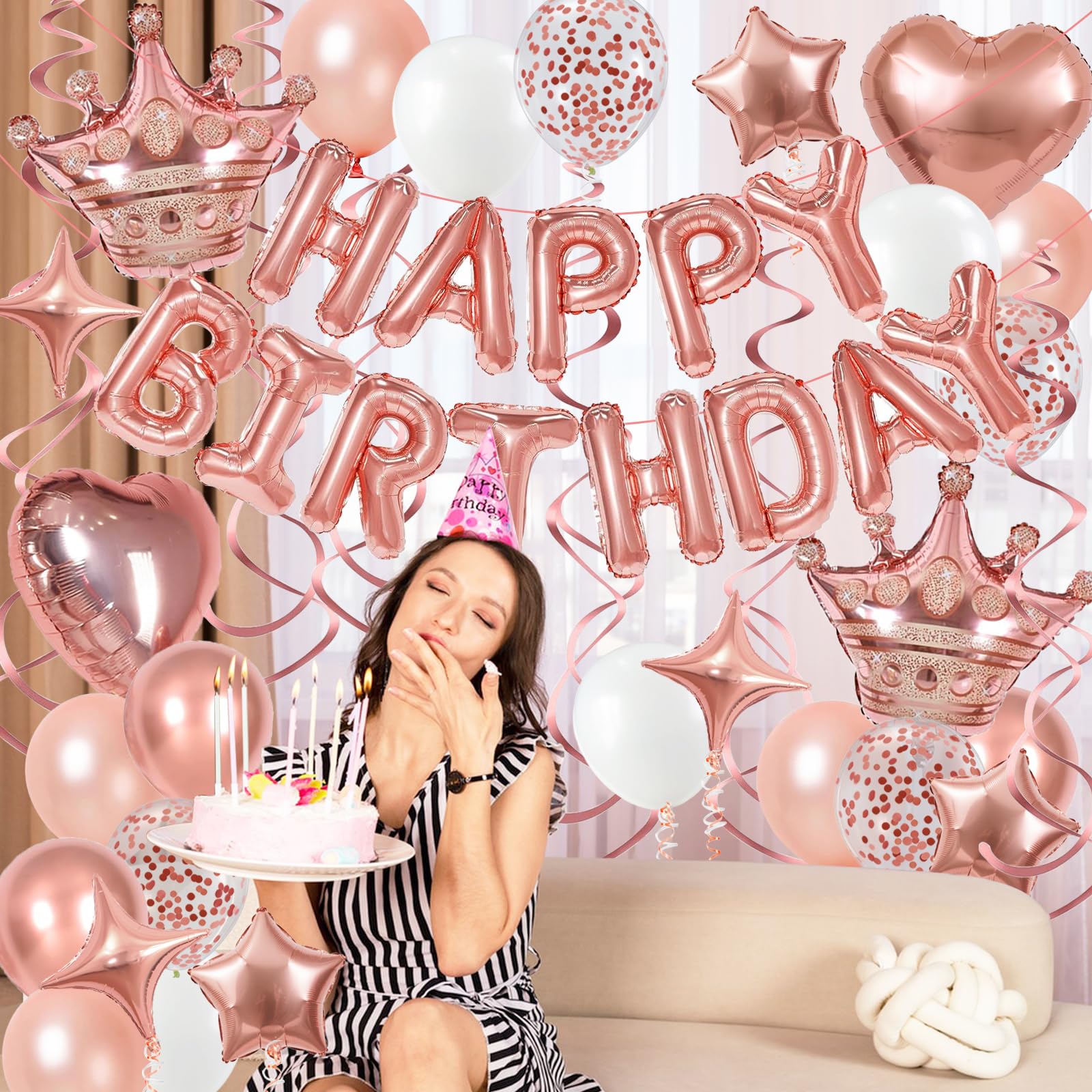 YWWSNSE Rose Gold Birthday Decorations | 3D Foil Banner, Crown & Balloons
