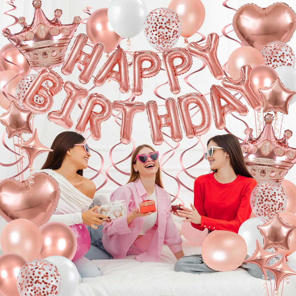 YWWSNSE Rose Gold Birthday Decorations | 3D Foil Banner, Crown & Balloons