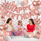 YWWSNSE Rose Gold Birthday Decorations | 3D Foil Banner, Crown & Balloons