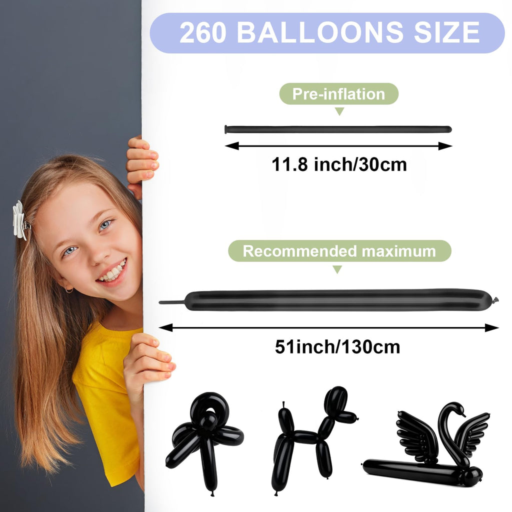 YXYL 260 Balloons Black – Premium Long Skinny Latex Balloons for Animal Twisting & Party Decor