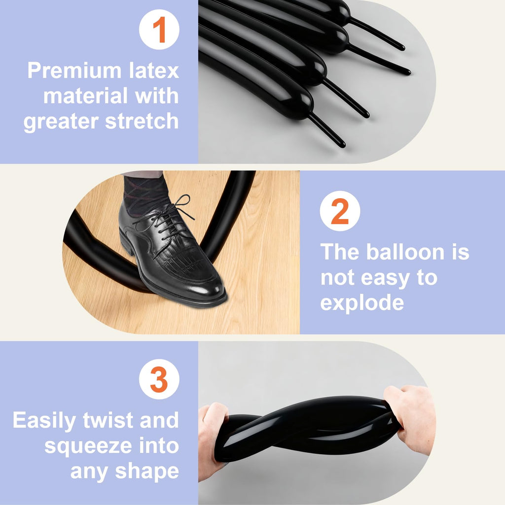 YXYL 260 Balloons Black – Premium Long Skinny Latex Balloons for Animal Twisting & Party Decor