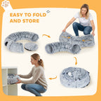 PawHut 2-in-1 Donut Cat Tunnel with Washable Bed, Play Tunnel Bed with Toy Ball and Door Hole for Indoor Cats, Light Grey