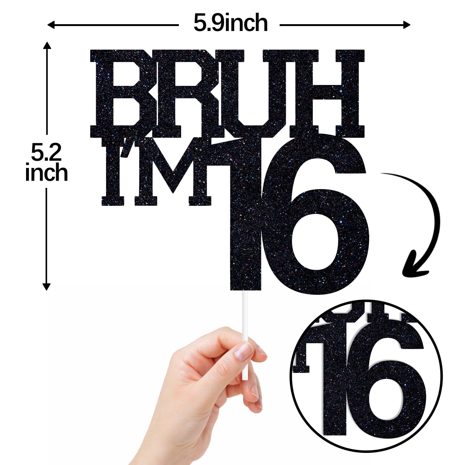 ZACHAKO Black Glitter Bruh I'm 16 Cake Topper – Funny 16th Birthday Party Decoration