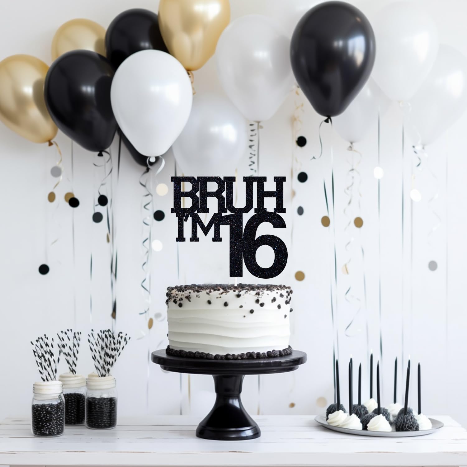 ZACHAKO Black Glitter Bruh I'm 16 Cake Topper – Funny 16th Birthday Party Decoration