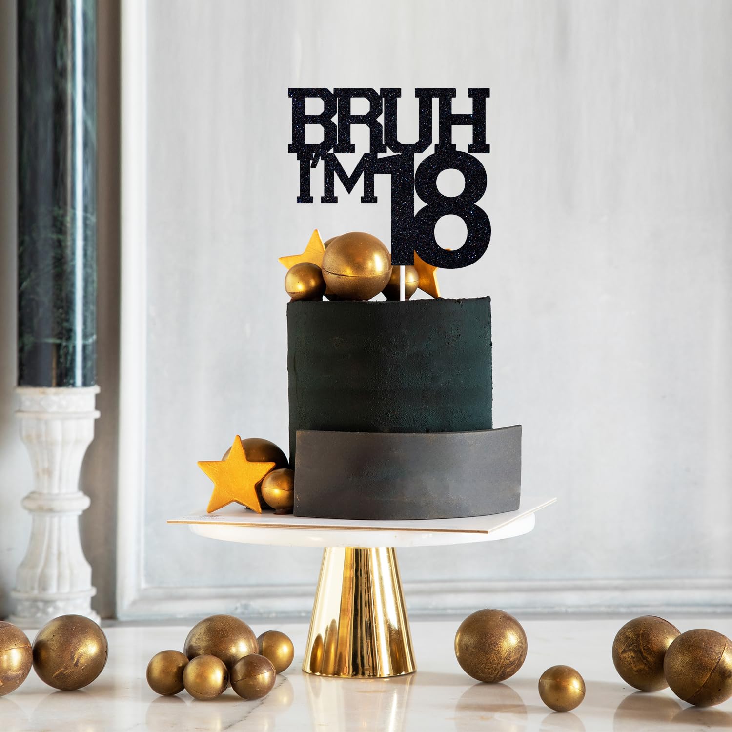 ZACHAKO Black Glitter Bruh I'm 18 Cake Topper – Funny 18th Birthday Party Decorations