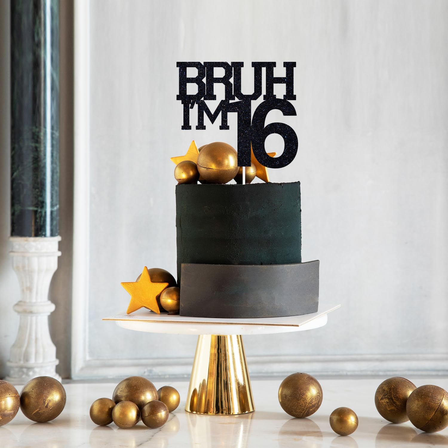 ZACHAKO Black Glitter Bruh I'm 16 Cake Topper – Funny 16th Birthday Party Decoration