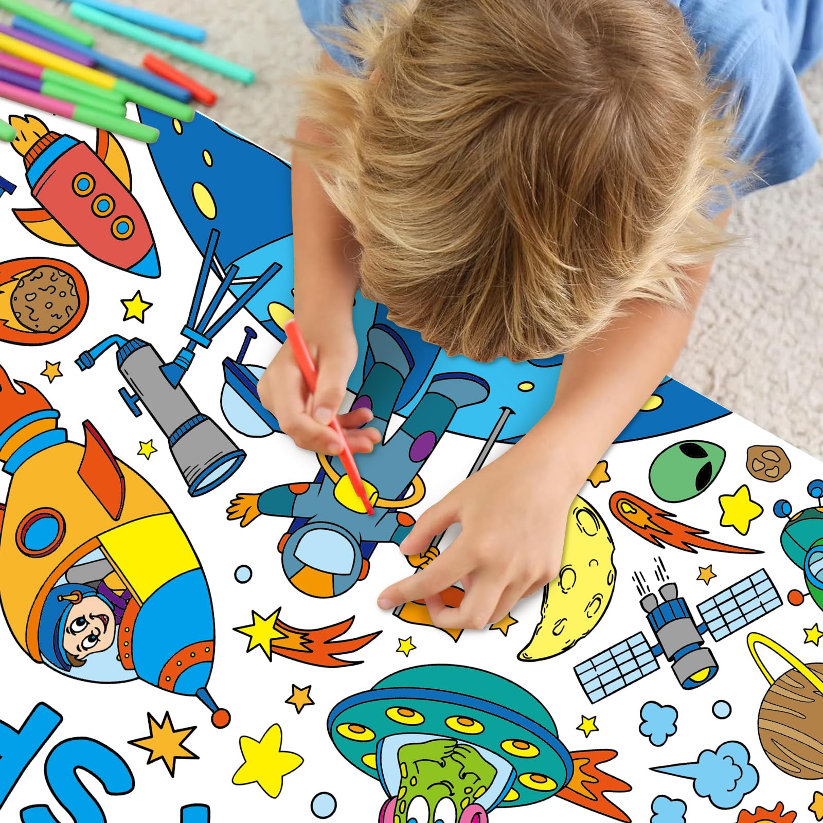 Zachely Outer Space Coloring Poster 30x72 in – Space Tablecloth & Activity Poster for Kids