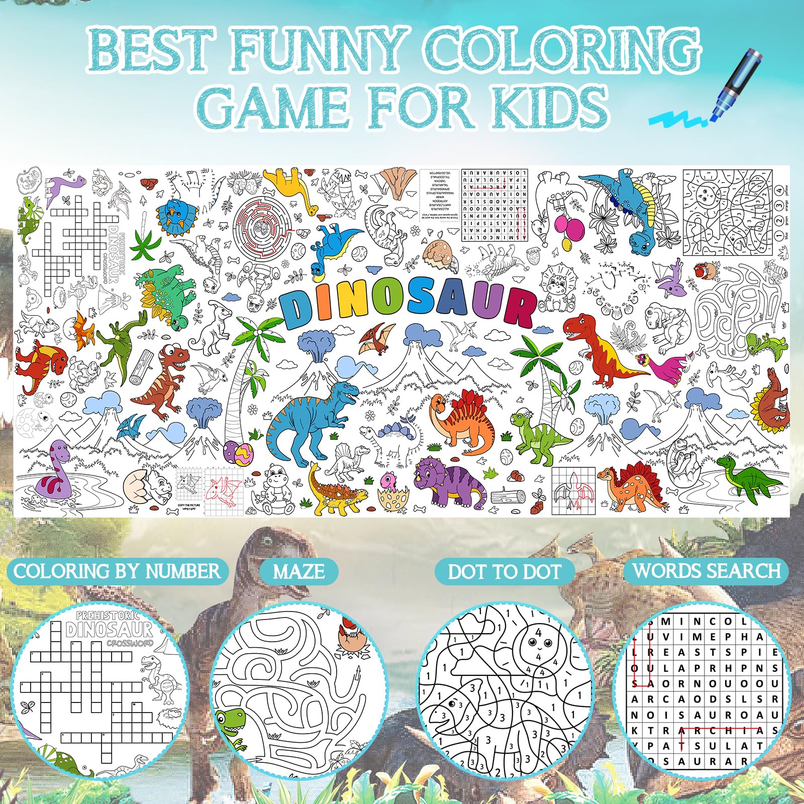 Zachely Dinosaur Giant Coloring Poster 30x72 in — Kids Tablecloth, Backdrop & Activity Poster