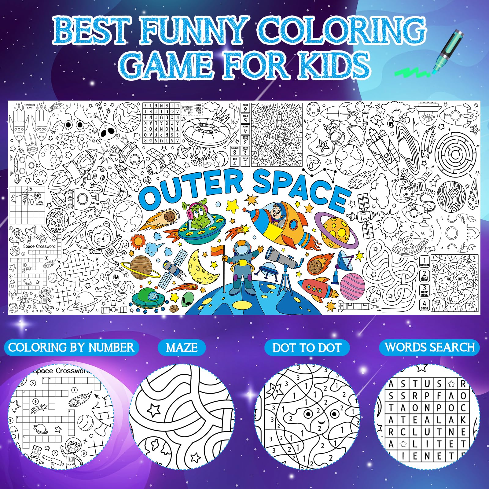 Zachely Outer Space Coloring Poster 30x72 in – Space Tablecloth & Activity Poster for Kids