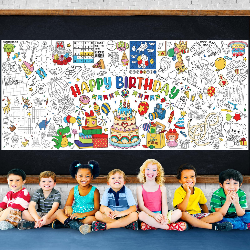 Zachely Happy Birthday Coloring Poster 30x72 in – Giant Tablecloth & Kids Activity Decor