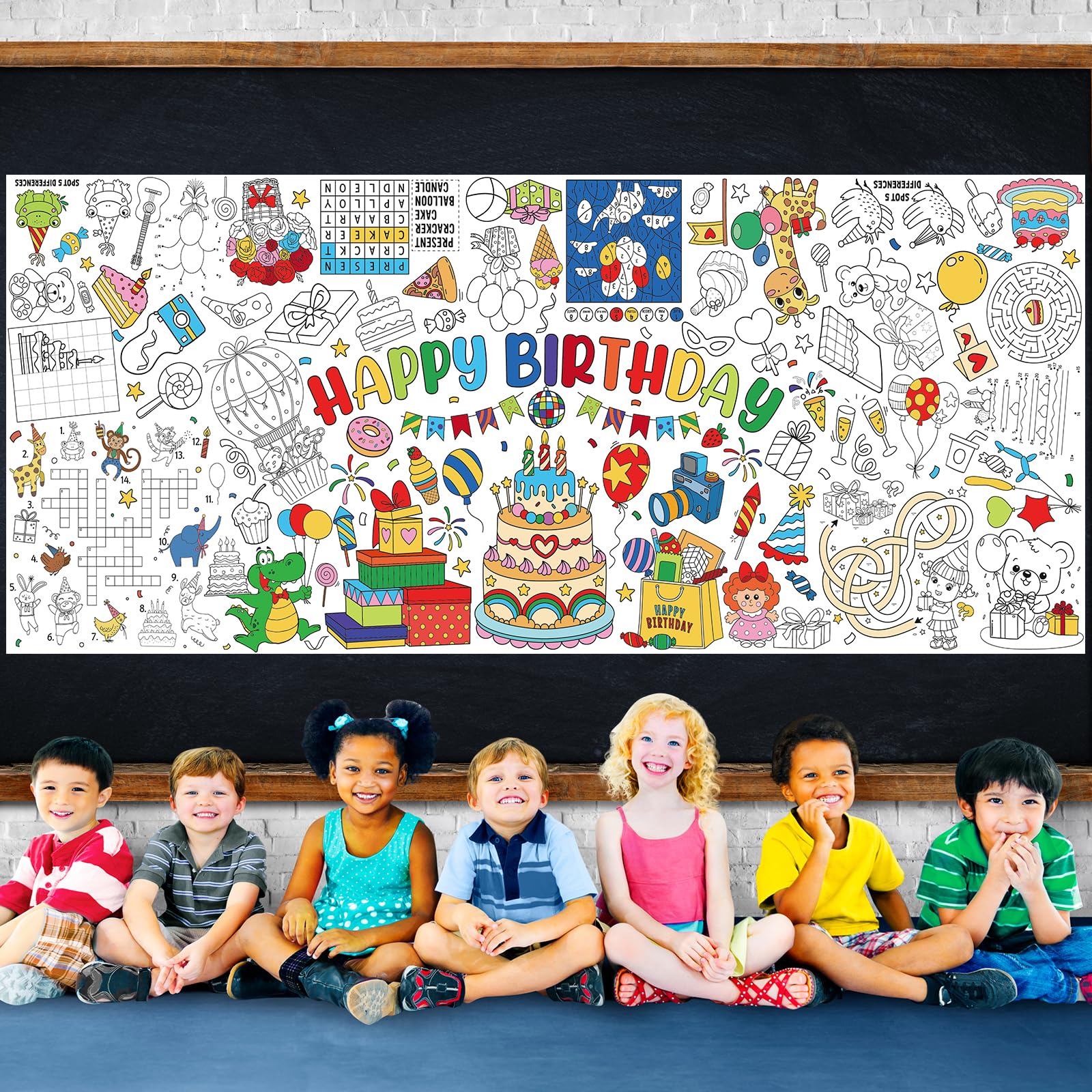 Zachely Happy Birthday Coloring Poster 30x72 in – Giant Tablecloth & Kids Activity Decor