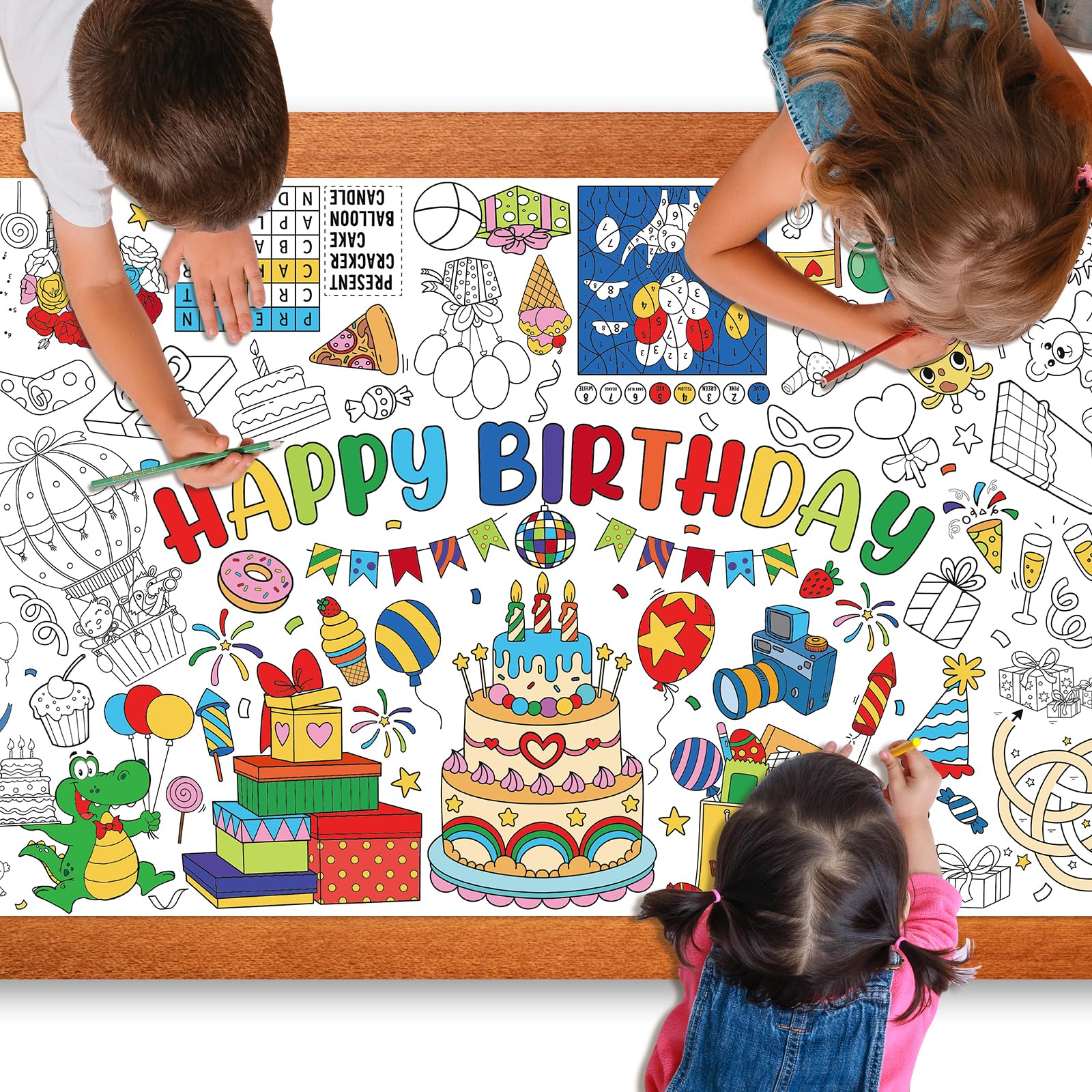 Zachely Happy Birthday Coloring Poster 30x72 in – Giant Tablecloth & Kids Activity Decor