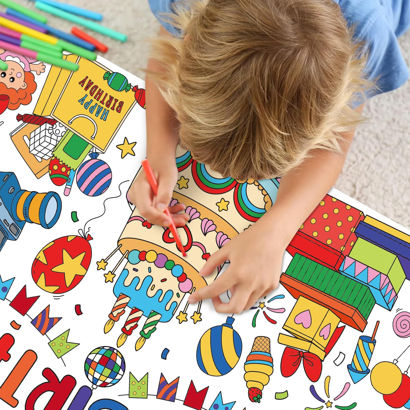 Zachely Happy Birthday Coloring Poster 30x72 in – Giant Tablecloth & Kids Activity Decor