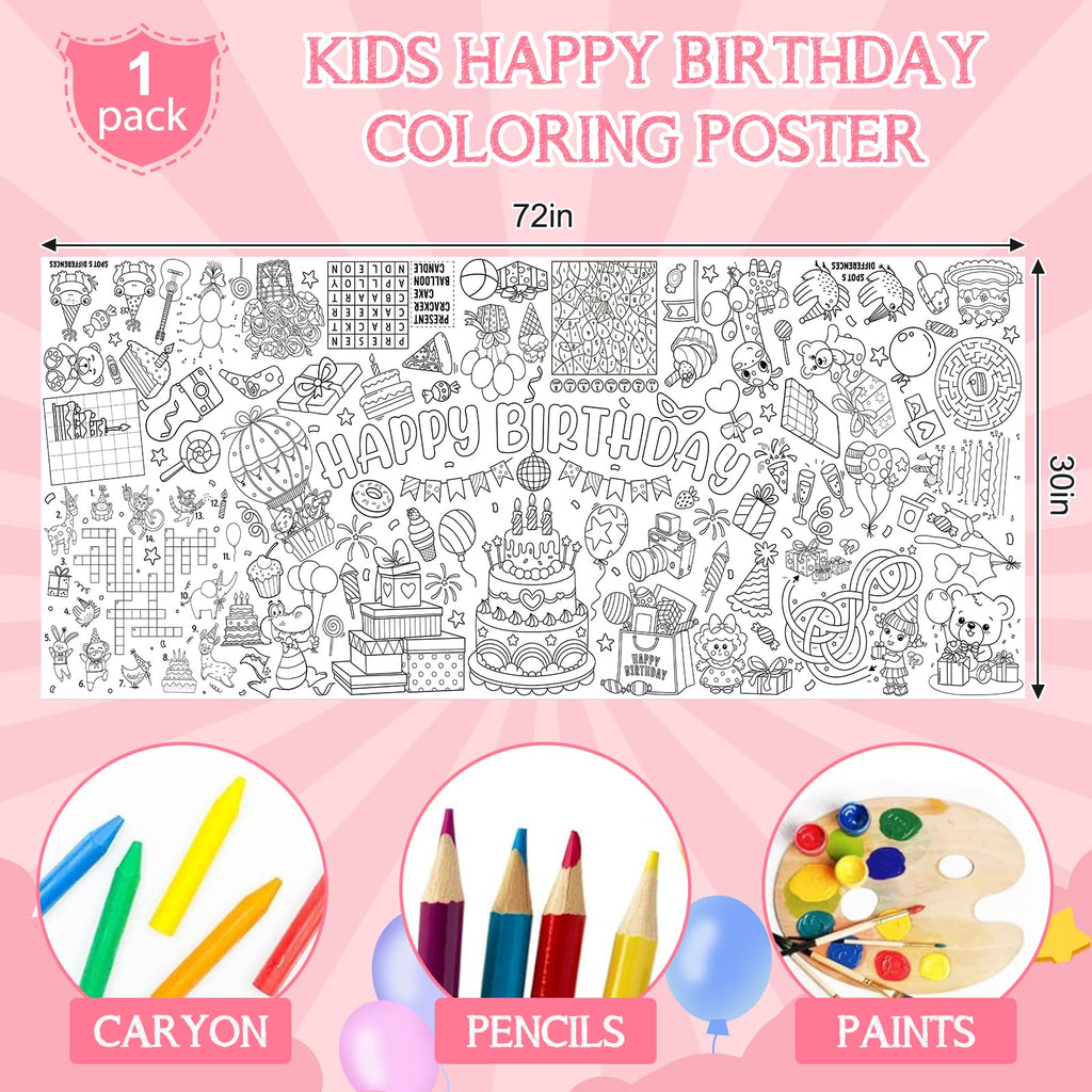 Zachely Happy Birthday Coloring Poster 30x72 in – Giant Tablecloth & Kids Activity Decor