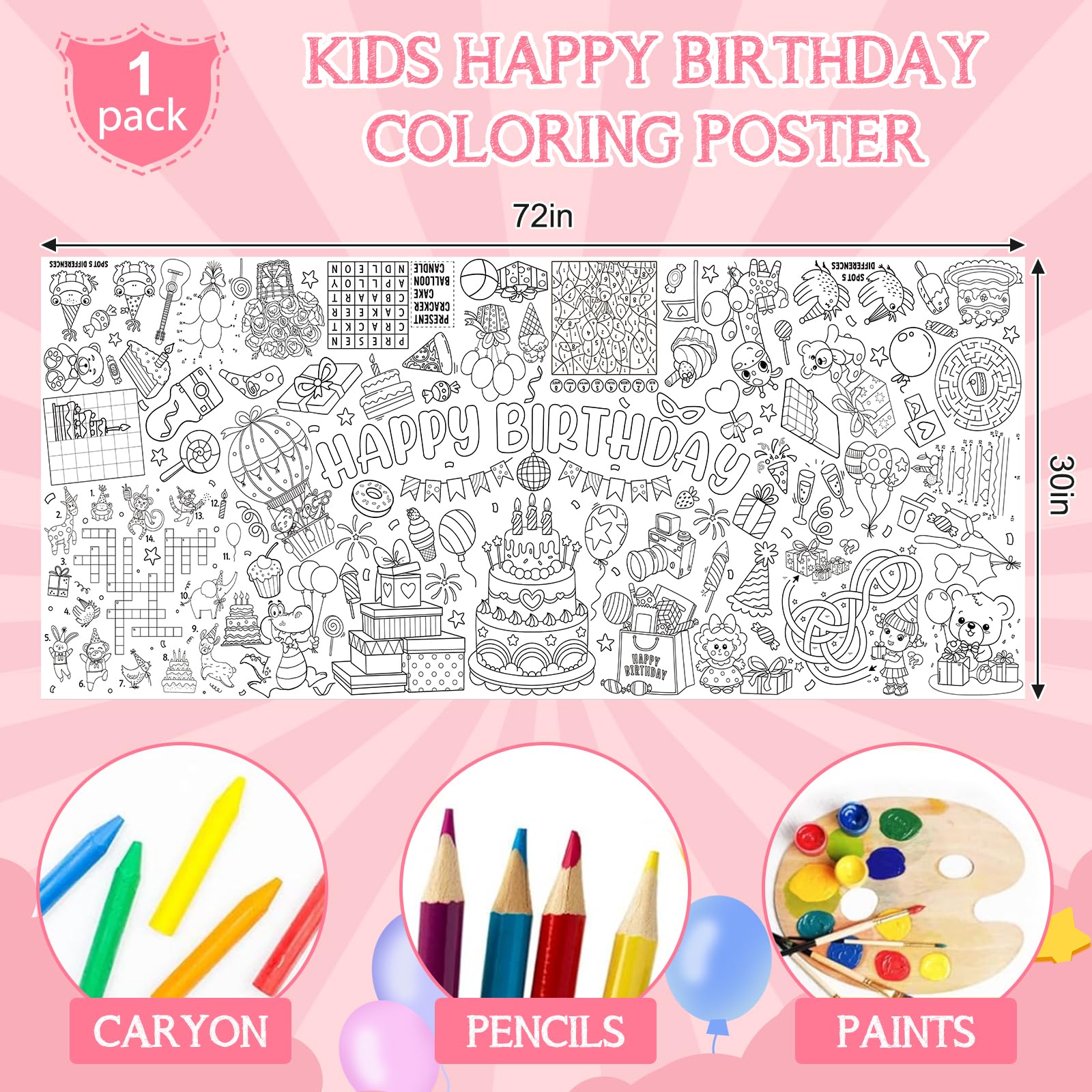 Zachely Happy Birthday Coloring Poster 30x72 in – Giant Tablecloth & Kids Activity Decor