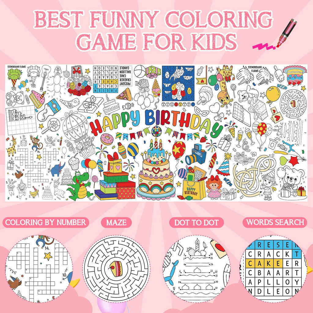 Zachely Happy Birthday Coloring Poster 30x72 in – Giant Tablecloth & Kids Activity Decor