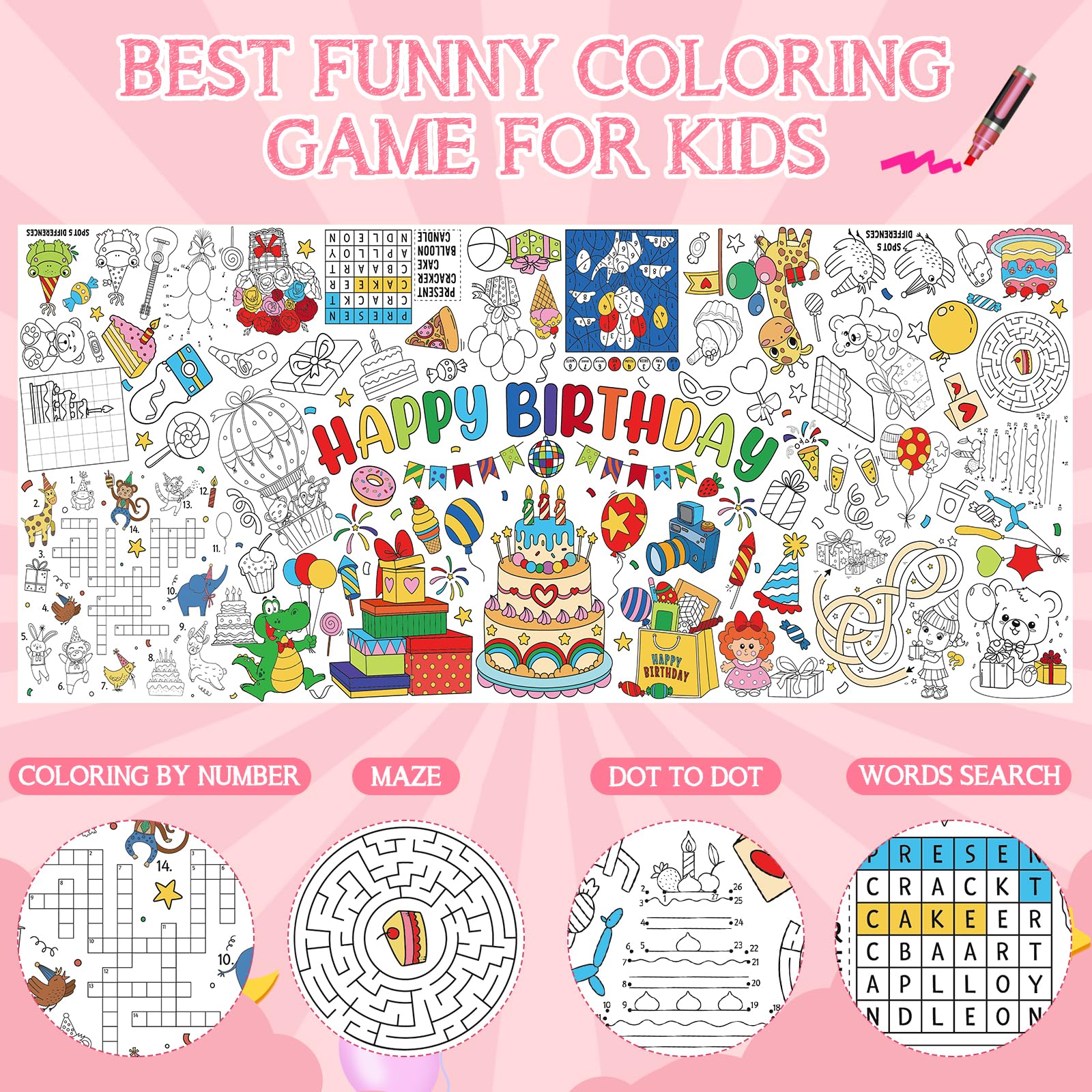 Zachely Happy Birthday Coloring Poster 30x72 in – Giant Tablecloth & Kids Activity Decor