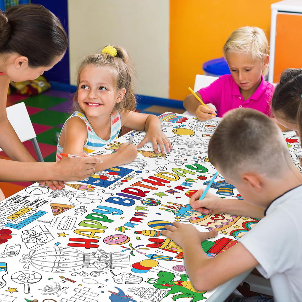 Zachely Happy Birthday Coloring Poster 30x72 in – Giant Tablecloth & Kids Activity Decor