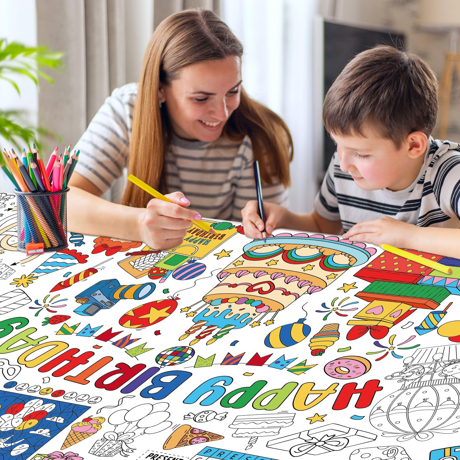 Zachely Happy Birthday Coloring Poster 30x72 in – Giant Tablecloth & Kids Activity Decor