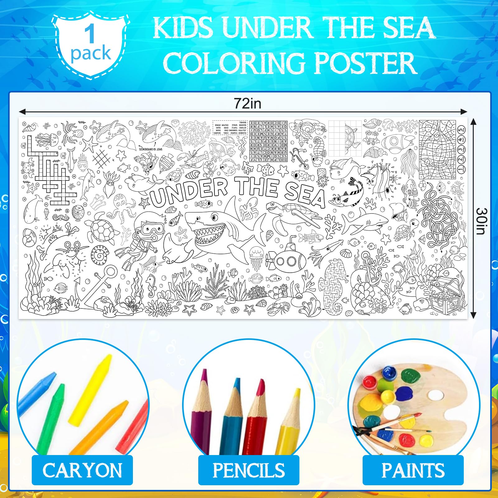 Zachely Under The Sea Coloring Poster 30x72 — Ocean Animals Giant Coloring Tablecloth