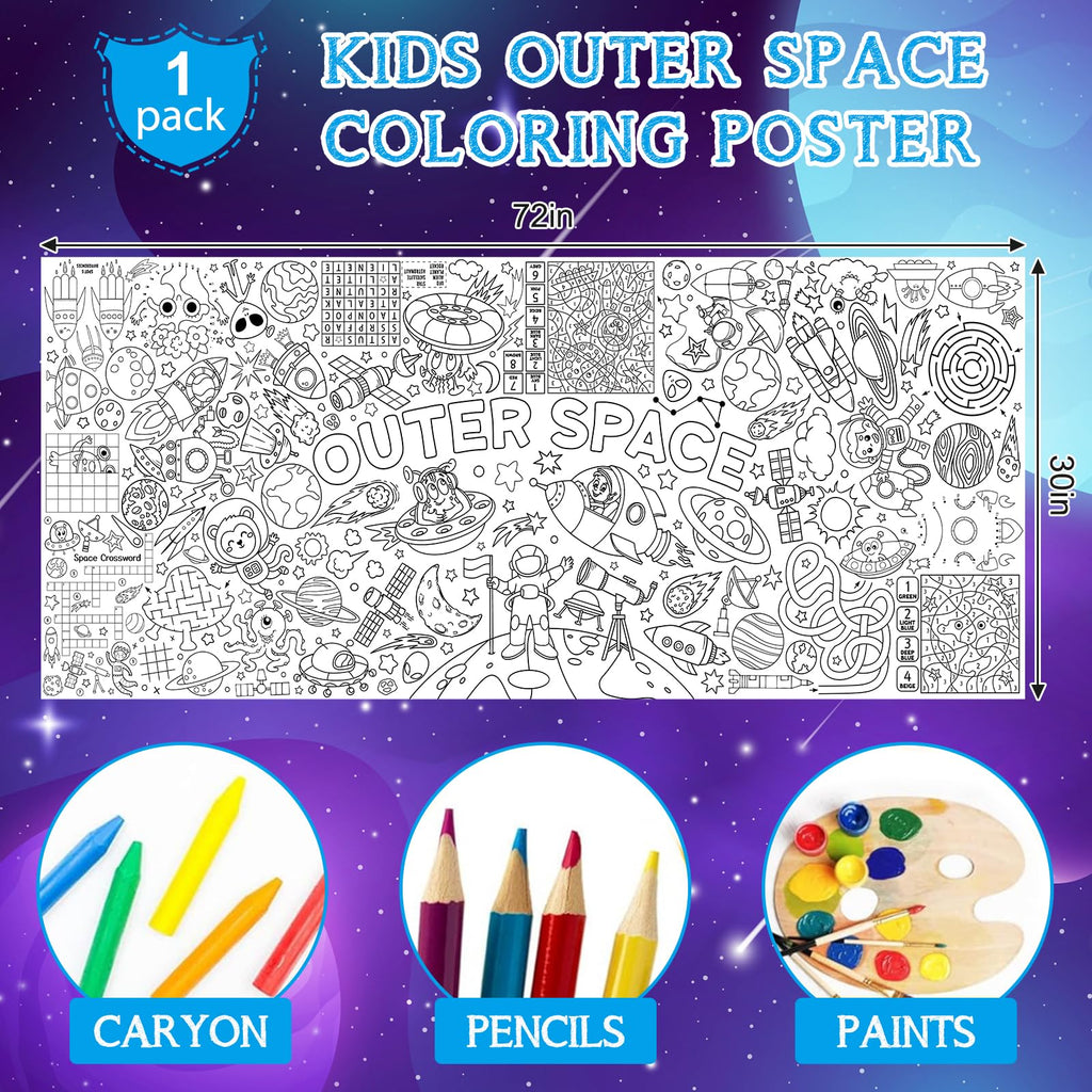 Zachely Outer Space Coloring Poster 30x72 in – Space Tablecloth & Activity Poster for Kids