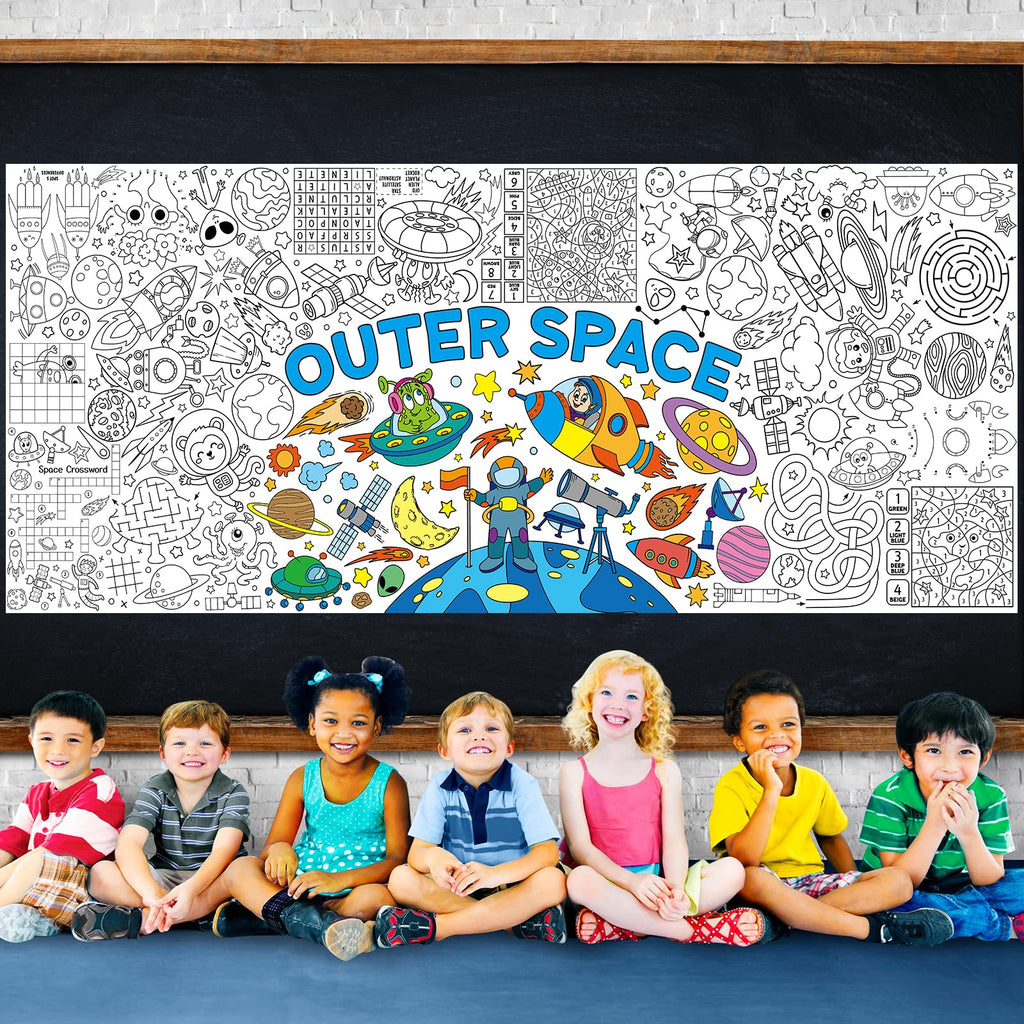 Zachely Outer Space Coloring Poster 30x72 in – Space Tablecloth & Activity Poster for Kids