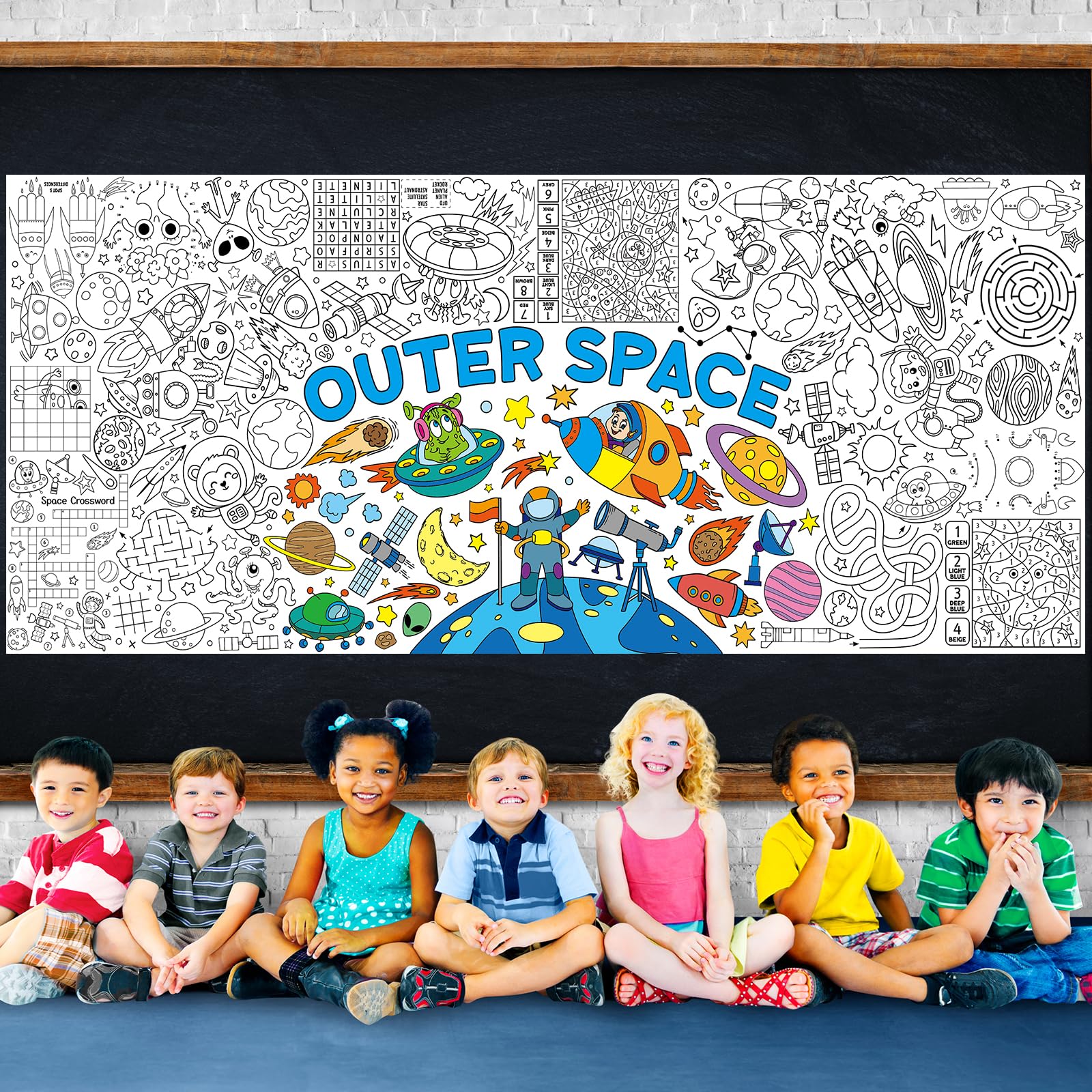 Zachely Outer Space Coloring Poster 30x72 in – Space Tablecloth & Activity Poster for Kids