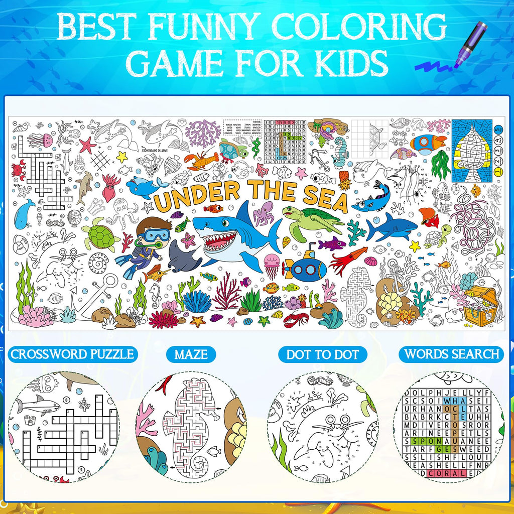 Zachely Under The Sea Coloring Poster 30x72 — Ocean Animals Giant Coloring Tablecloth