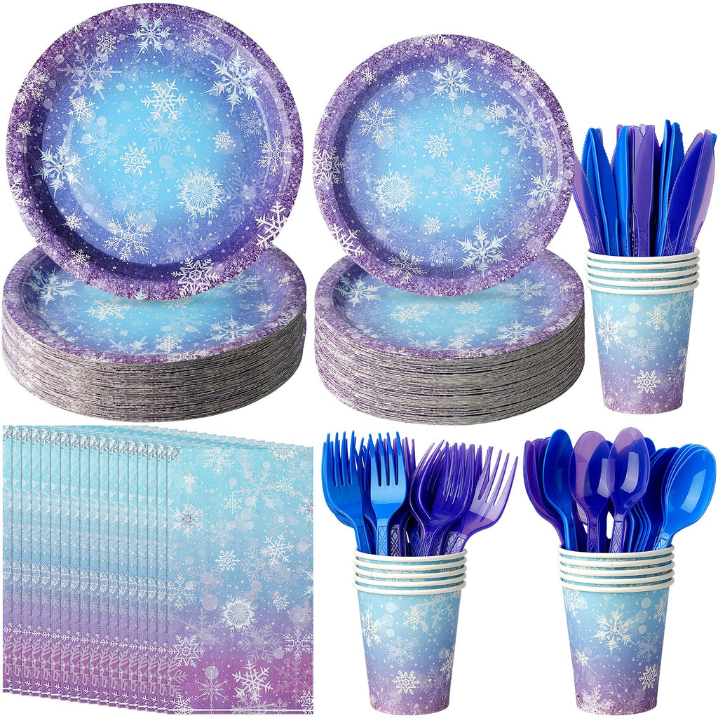 Zachely Winter Snowflake Paper Plates & Napkins Set – Blue & Purple Snowflake Disposable Tableware for Christmas & Winter Parties | Serves 25