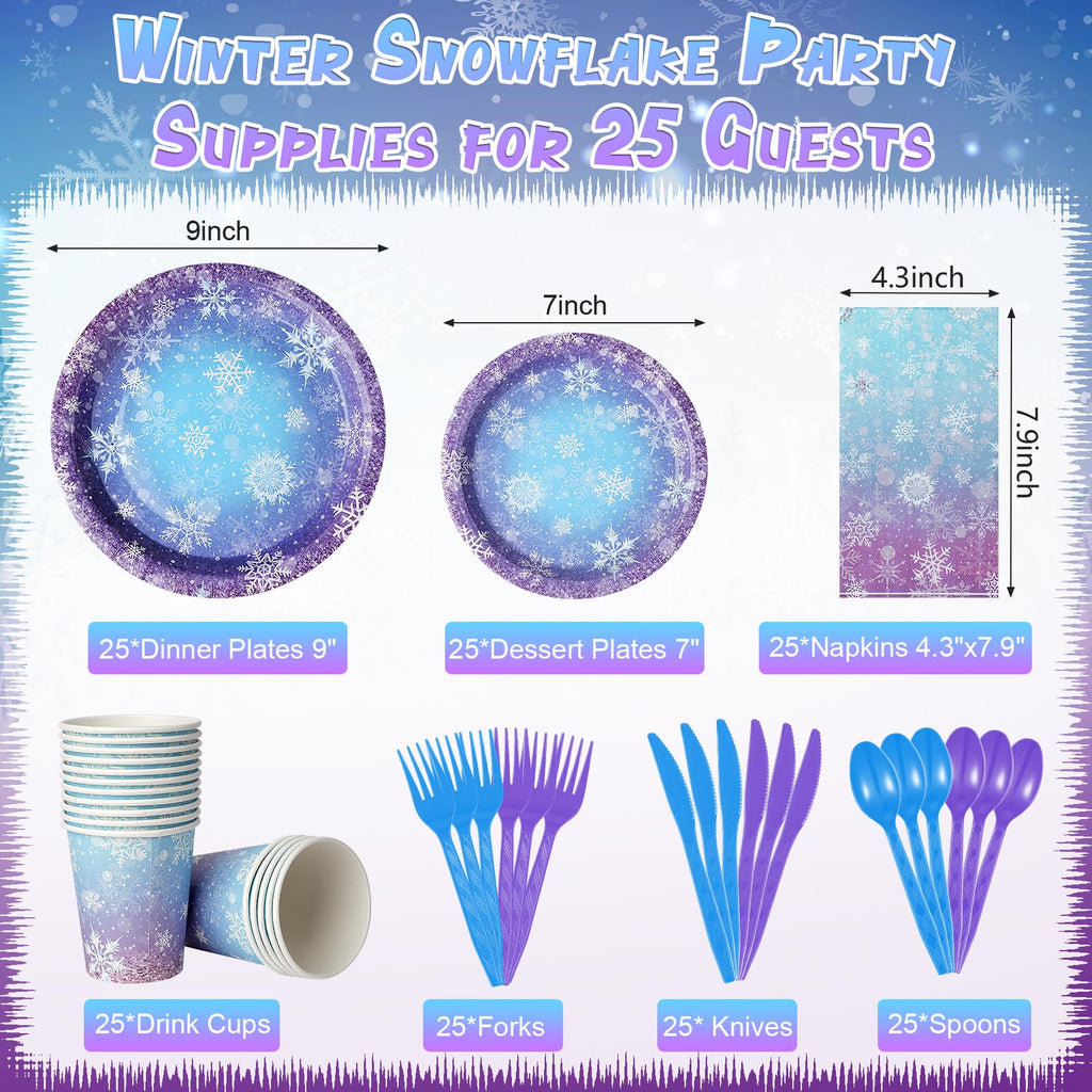Zachely Winter Snowflake Paper Plates & Napkins Set – Blue & Purple Snowflake Disposable Tableware for Christmas & Winter Parties | Serves 25