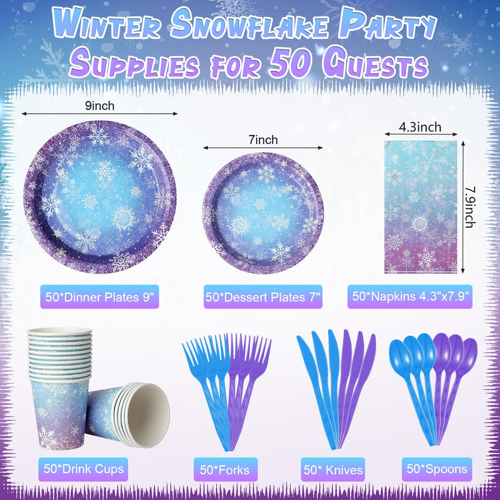 Zachely Winter Snowflake Paper Plates & Napkins Set – Blue & Purple, Serves 50