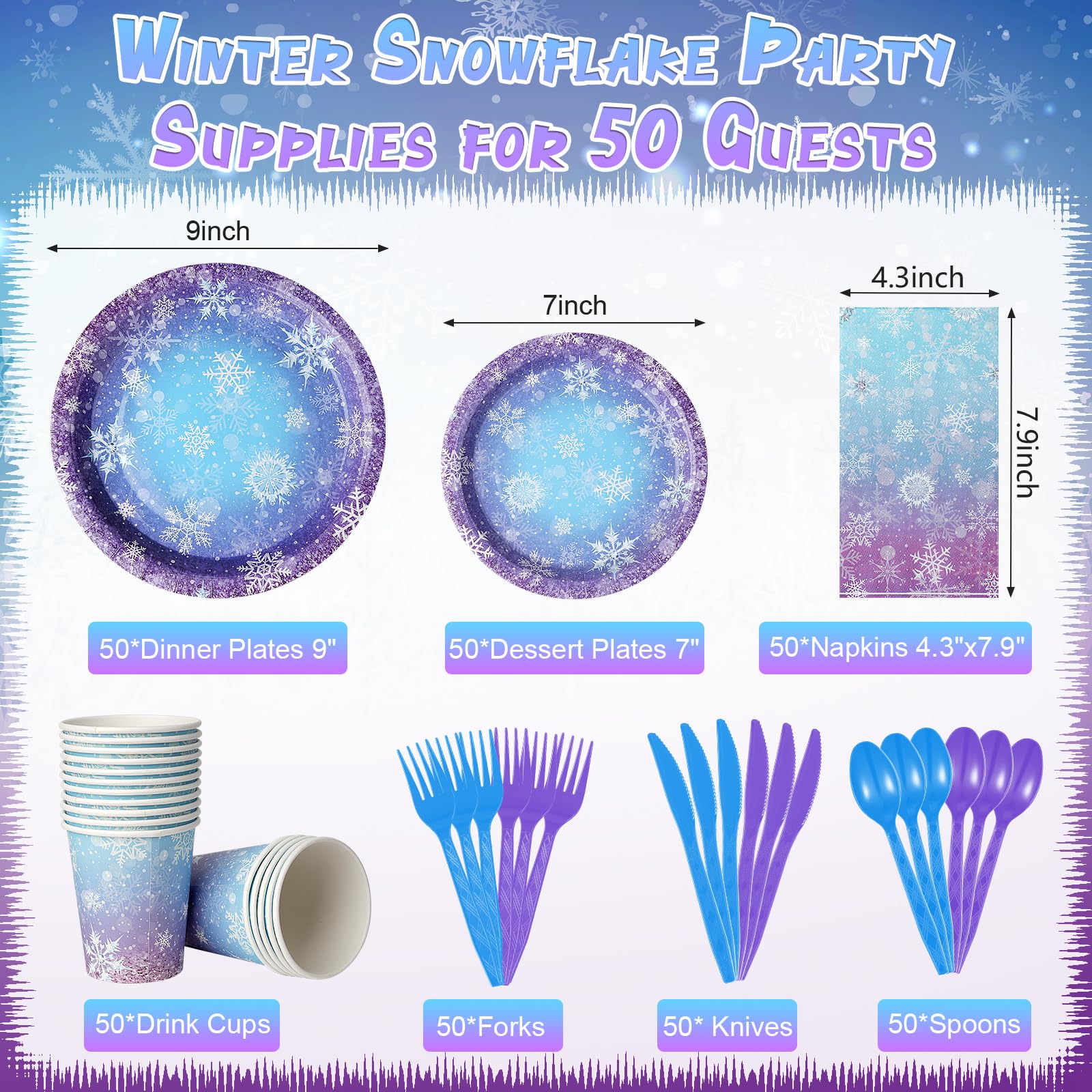 Zachely Winter Snowflake Paper Plates & Napkins Set – Blue & Purple, Serves 50