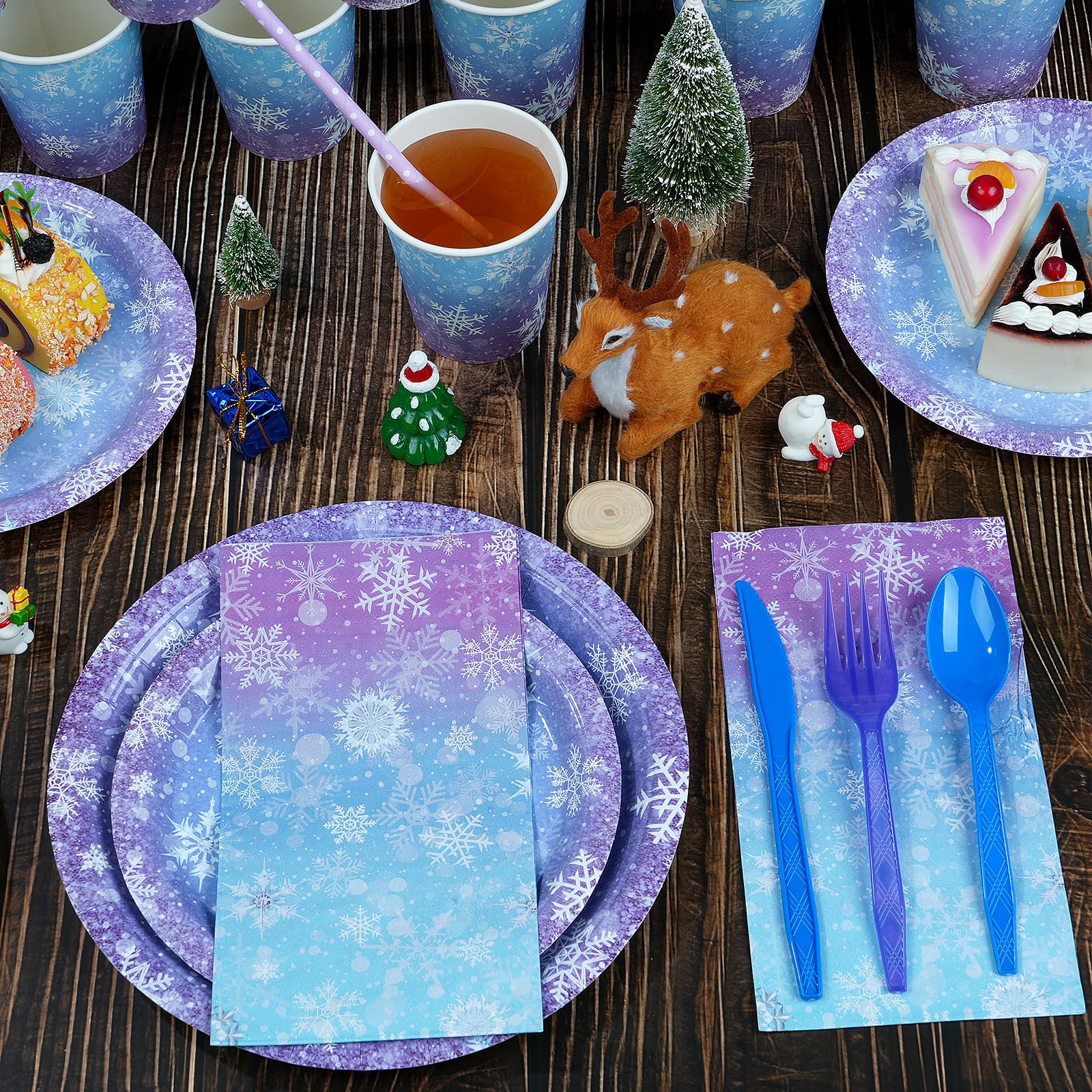 Zachely Winter Snowflake Paper Plates & Napkins Set – Blue & Purple, Serves 50