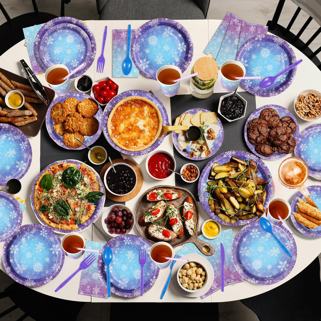 Zachely Winter Snowflake Paper Plates & Napkins Set – Blue & Purple Snowflake Disposable Tableware for Christmas & Winter Parties | Serves 25