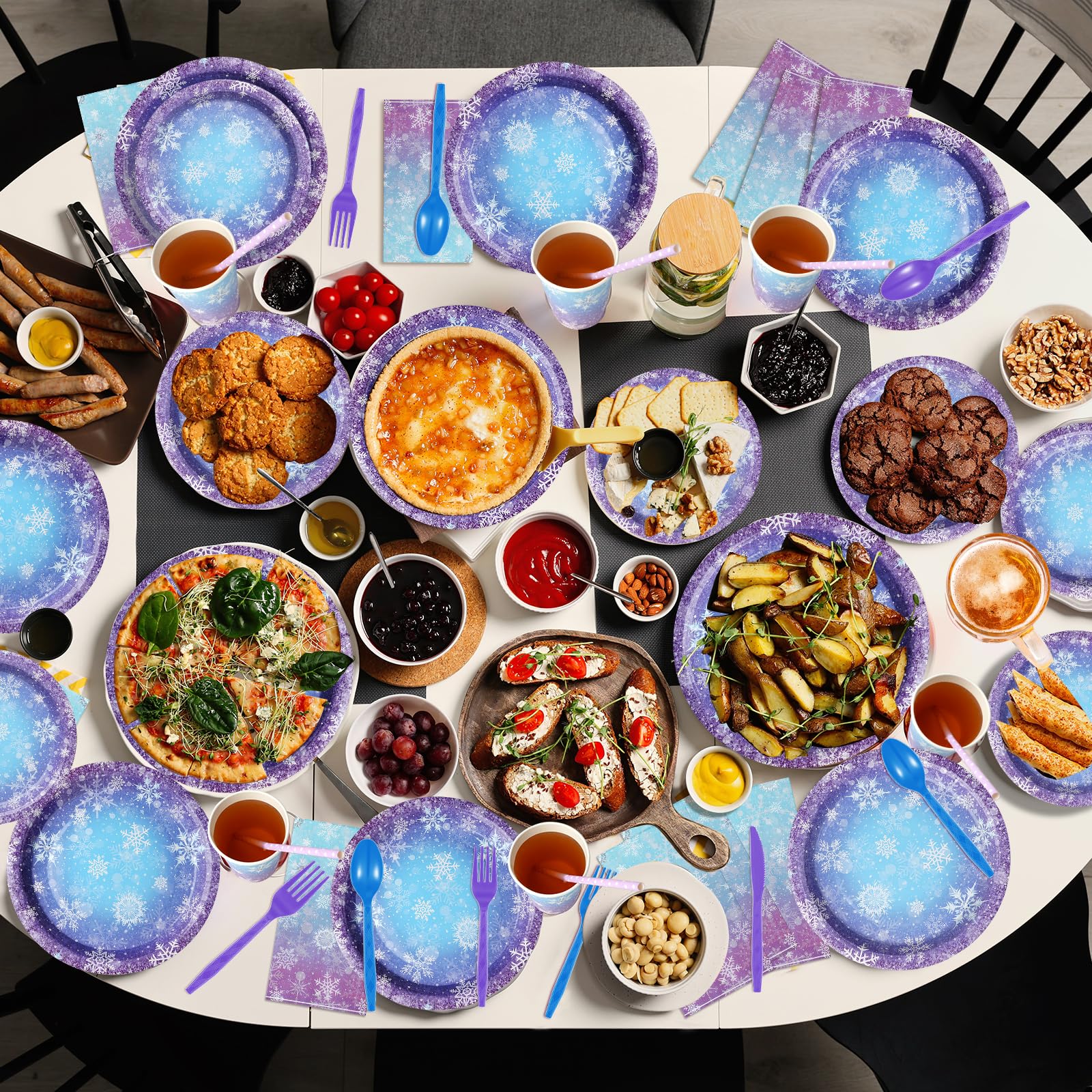 Zachely Winter Snowflake Paper Plates & Napkins Set – Blue & Purple Snowflake Disposable Tableware for Christmas & Winter Parties | Serves 25