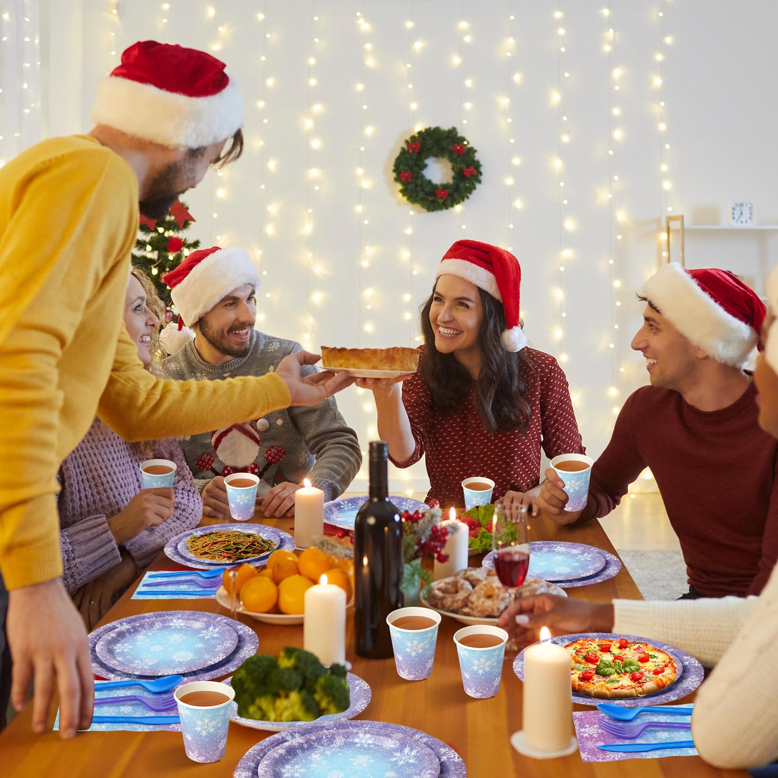 Zachely Winter Snowflake Paper Plates & Napkins Set – Blue & Purple Snowflake Disposable Tableware for Christmas & Winter Parties | Serves 25
