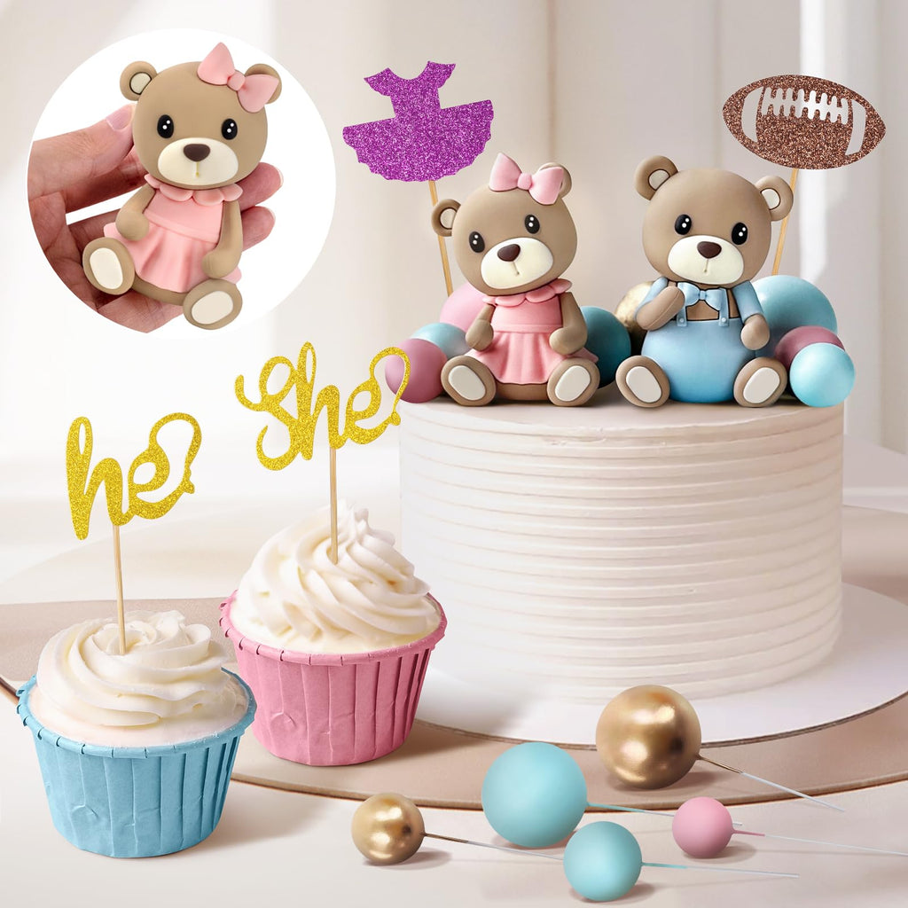 Zafena 34‑Piece Gender Reveal Cake Topper Set – Bear Ball Toppers, He/She, Baby Square & Ball Decor