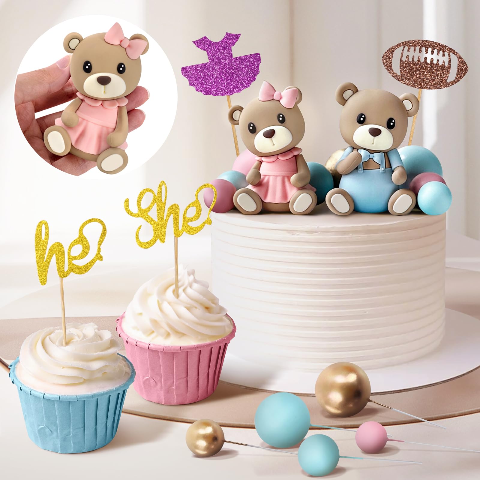 Zafena 34‑Piece Gender Reveal Cake Topper Set – Bear Ball Toppers, He/She, Baby Square & Ball Decor