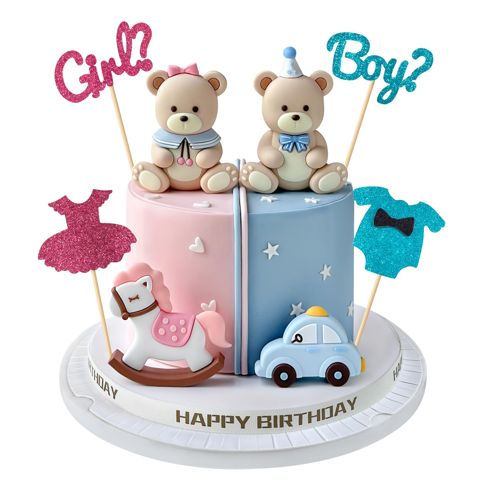 Zafena 8-Piece Gender Reveal Cake Topper Set – Bear, Train, Rocking Horse & Boy-or-Girl Decor